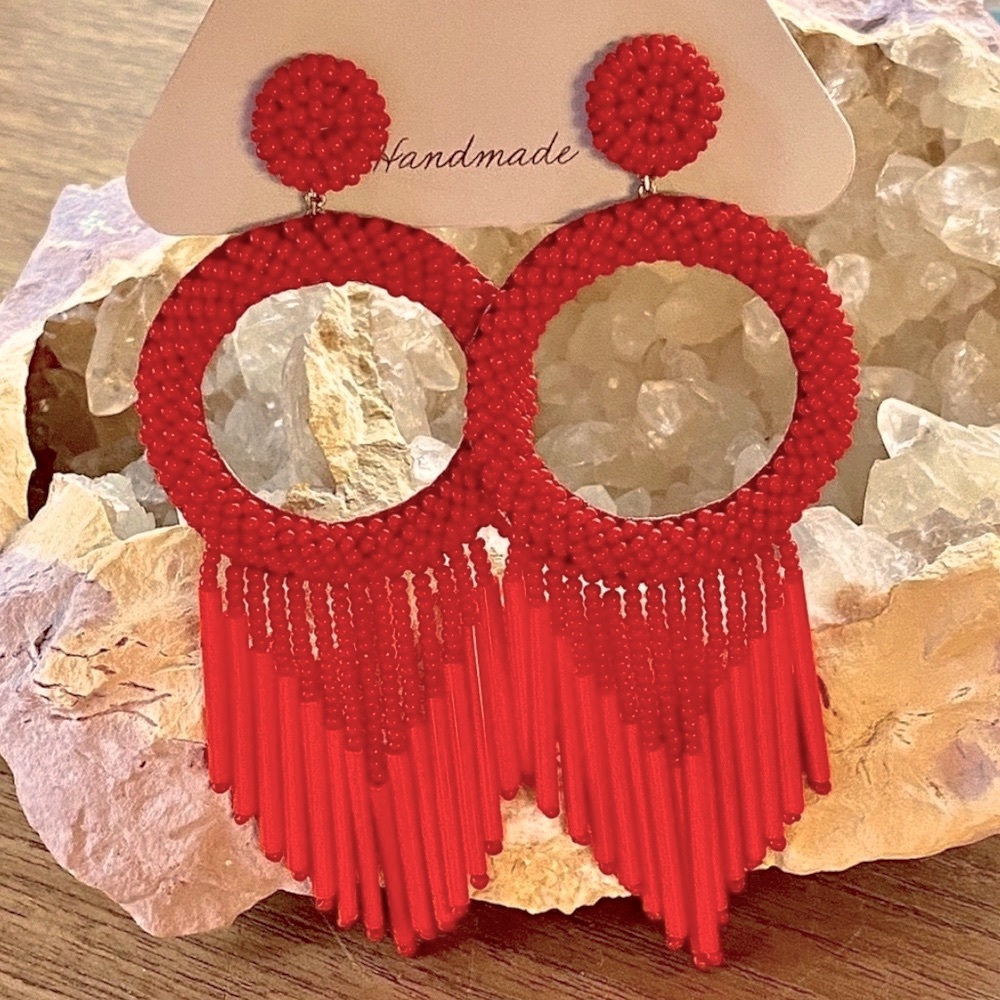 NWT Deepa Gurnani Beaded Hoop Fringe Chandeliers